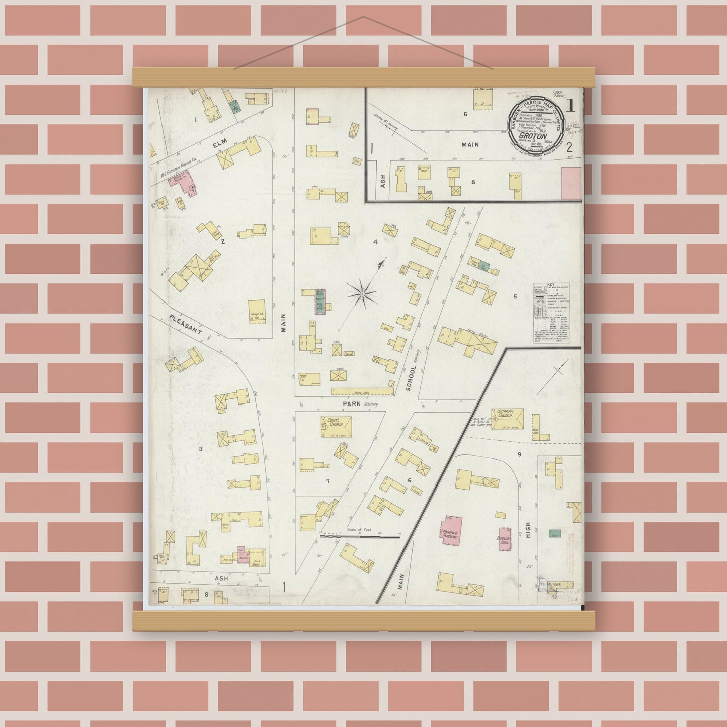 Old map wall art mockup — magnetic wood frame on brick wall — Sanborn Fire Insurance Map from Groton, Middlesex County, Massachusetts (1896), Sheet #0001