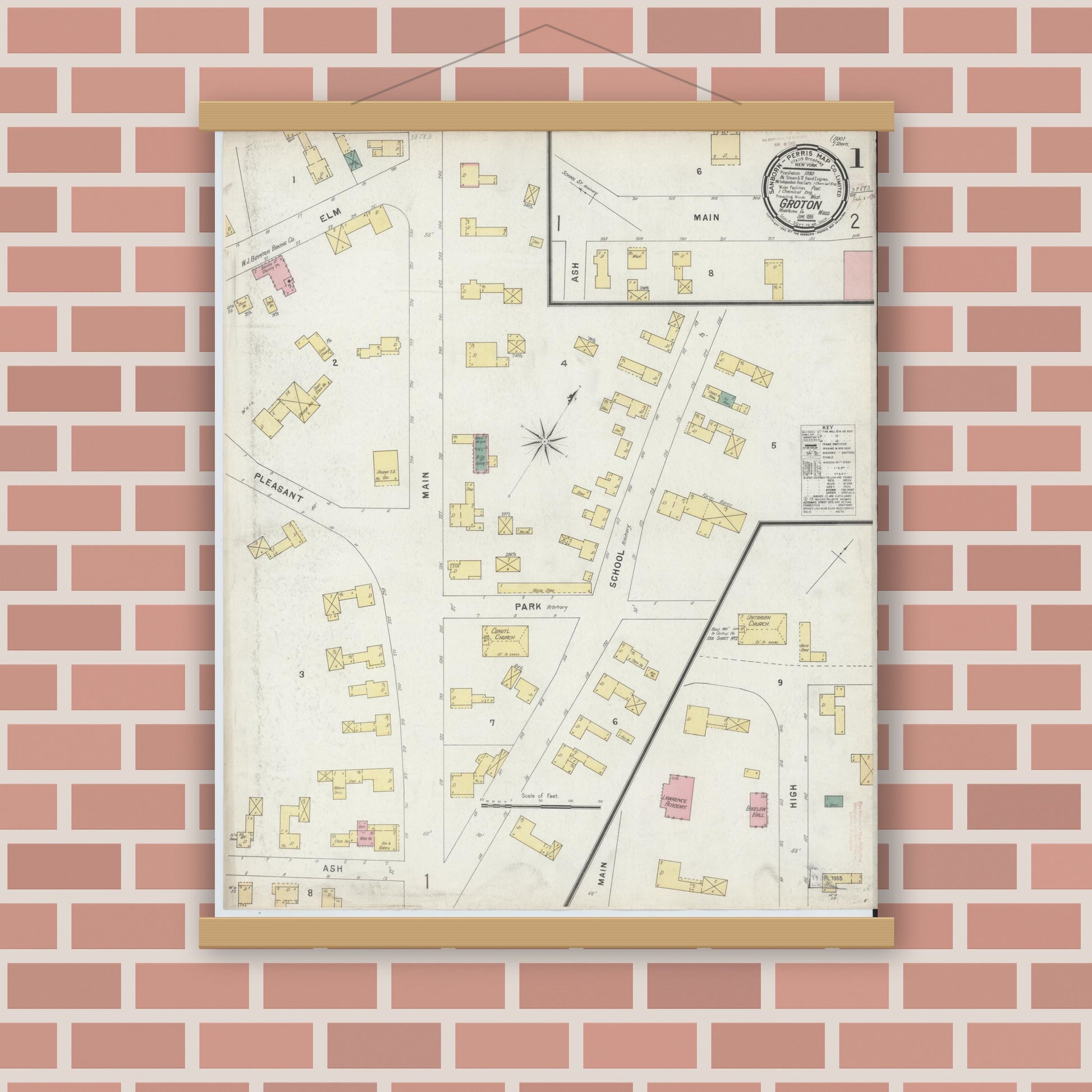 Old map wall art mockup — magnetic wood frame on brick wall — Sanborn Fire Insurance Map from Groton, Middlesex County, Massachusetts (1896), Sheet #0001