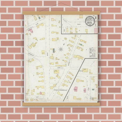 Old map wall art mockup — magnetic wood frame on brick wall — Sanborn Fire Insurance Map from Groton, Middlesex County, Massachusetts (1896), Sheet #0001