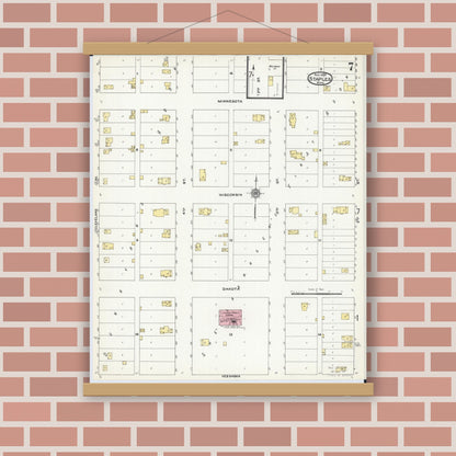 Old map wall art mockup — magnetic wood frame on brick wall — Sanborn Fire Insurance Map from Staples, Todd County, Minnesota (1909), Sheet #0007