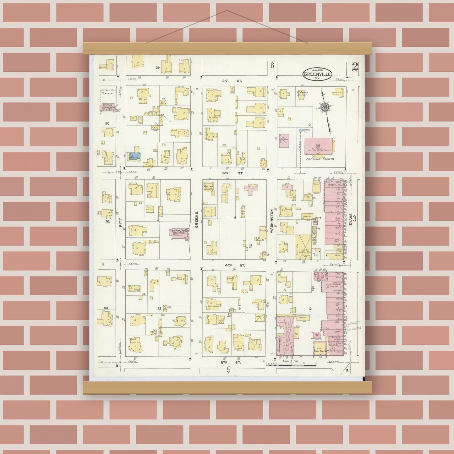 Old map wall art mockup — magnetic wood frame on brick wall — Sanborn Fire Insurance Map from Greenville, Pitt County, North Carolina (1911), Sheet #0002