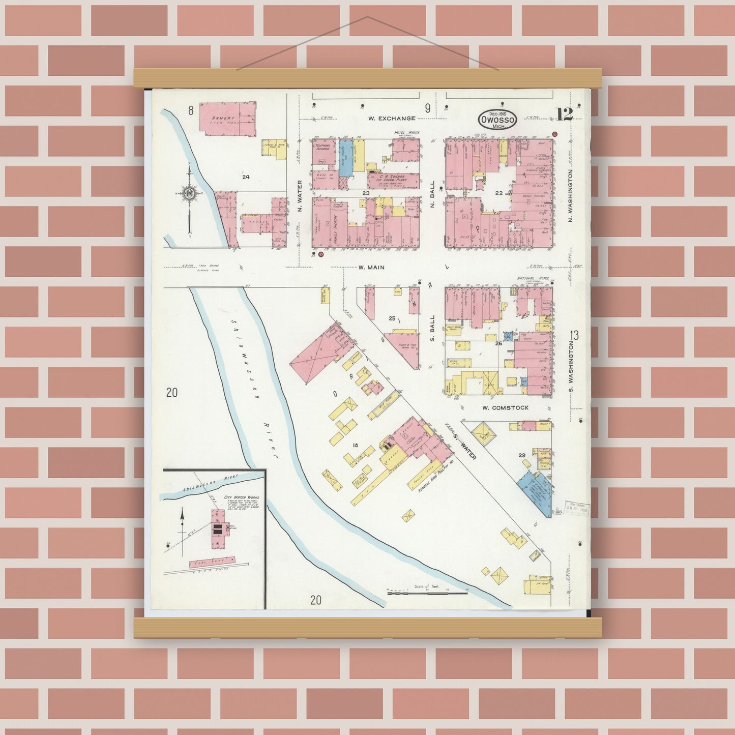 Old map wall art mockup — magnetic wood frame on brick wall — Sanborn Fire Insurance Map from Owosso, Shiawassee County, Michigan (1915), Sheet #0012