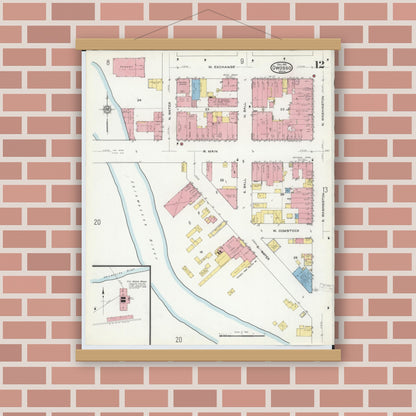 Old map wall art mockup — magnetic wood frame on brick wall — Sanborn Fire Insurance Map from Owosso, Shiawassee County, Michigan (1915), Sheet #0012