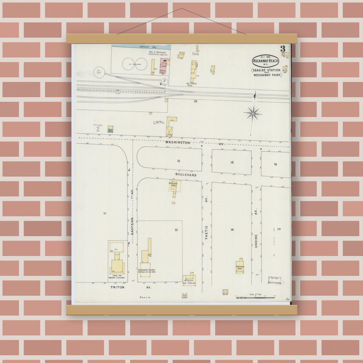 Old map wall art mockup — magnetic wood frame on brick wall — Sanborn Fire Insurance Map from Rockaway Beach, Queens County, New York (1894), Sheet #0003