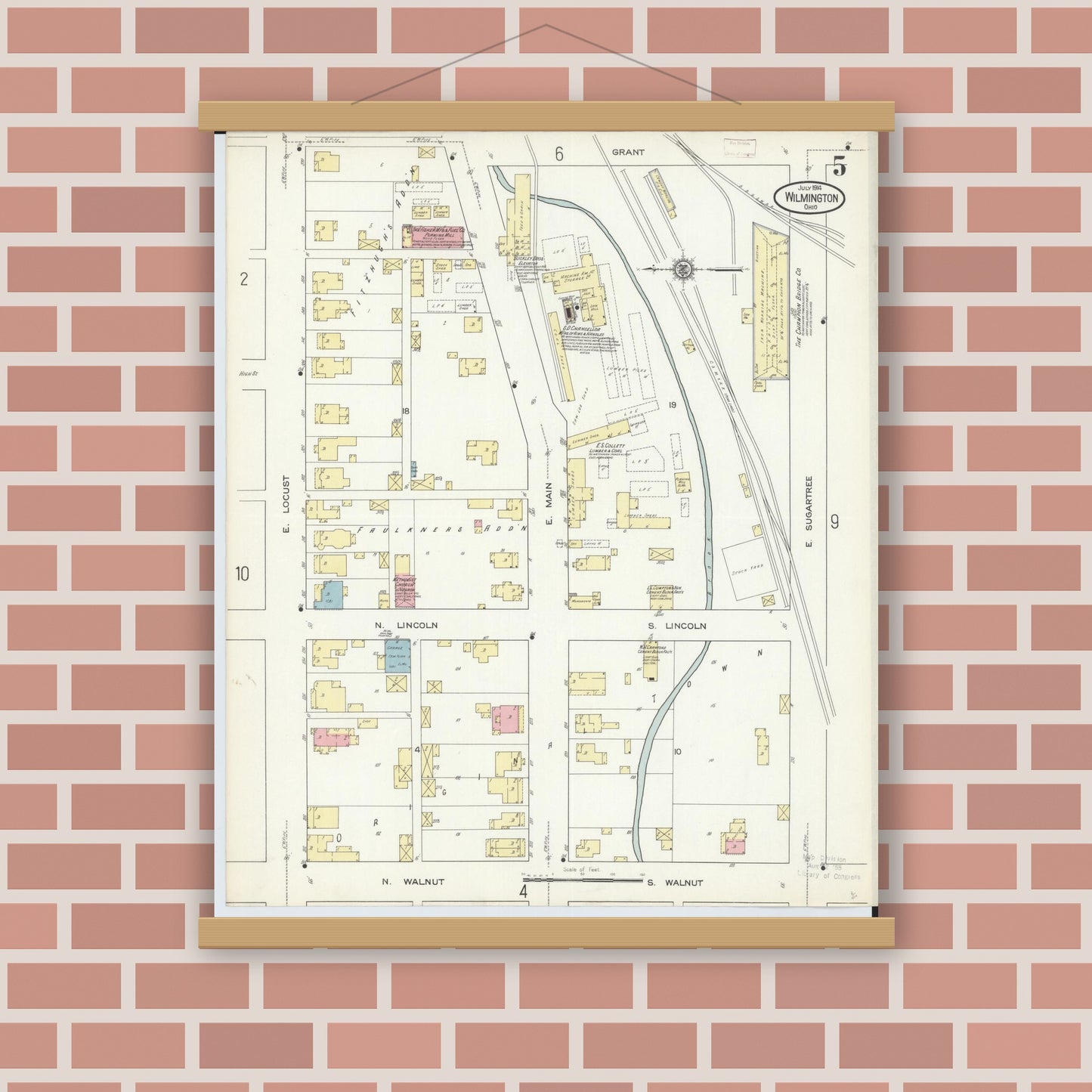 Old map wall art mockup — magnetic wood frame on brick wall — Sanborn Fire Insurance Map from Wilmington, Clinton County, Ohio (1914), Sheet #0005