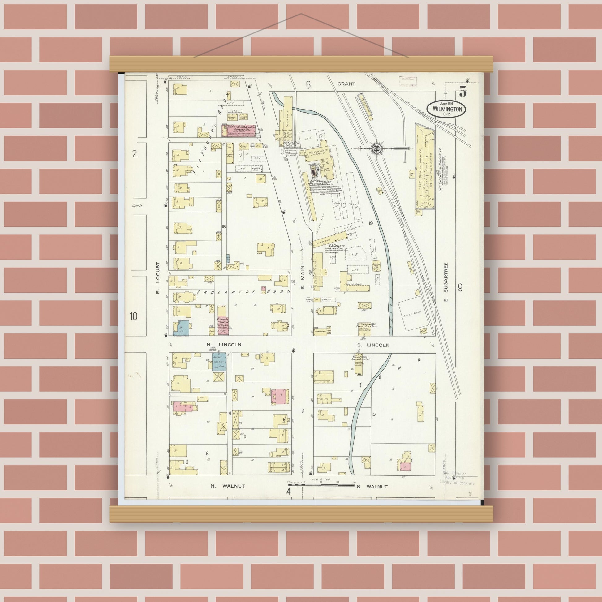 Old map wall art mockup — magnetic wood frame on brick wall — Sanborn Fire Insurance Map from Wilmington, Clinton County, Ohio (1914), Sheet #0005
