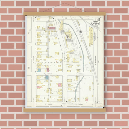 Old map wall art mockup — magnetic wood frame on brick wall — Sanborn Fire Insurance Map from Wilmington, Clinton County, Ohio (1914), Sheet #0005
