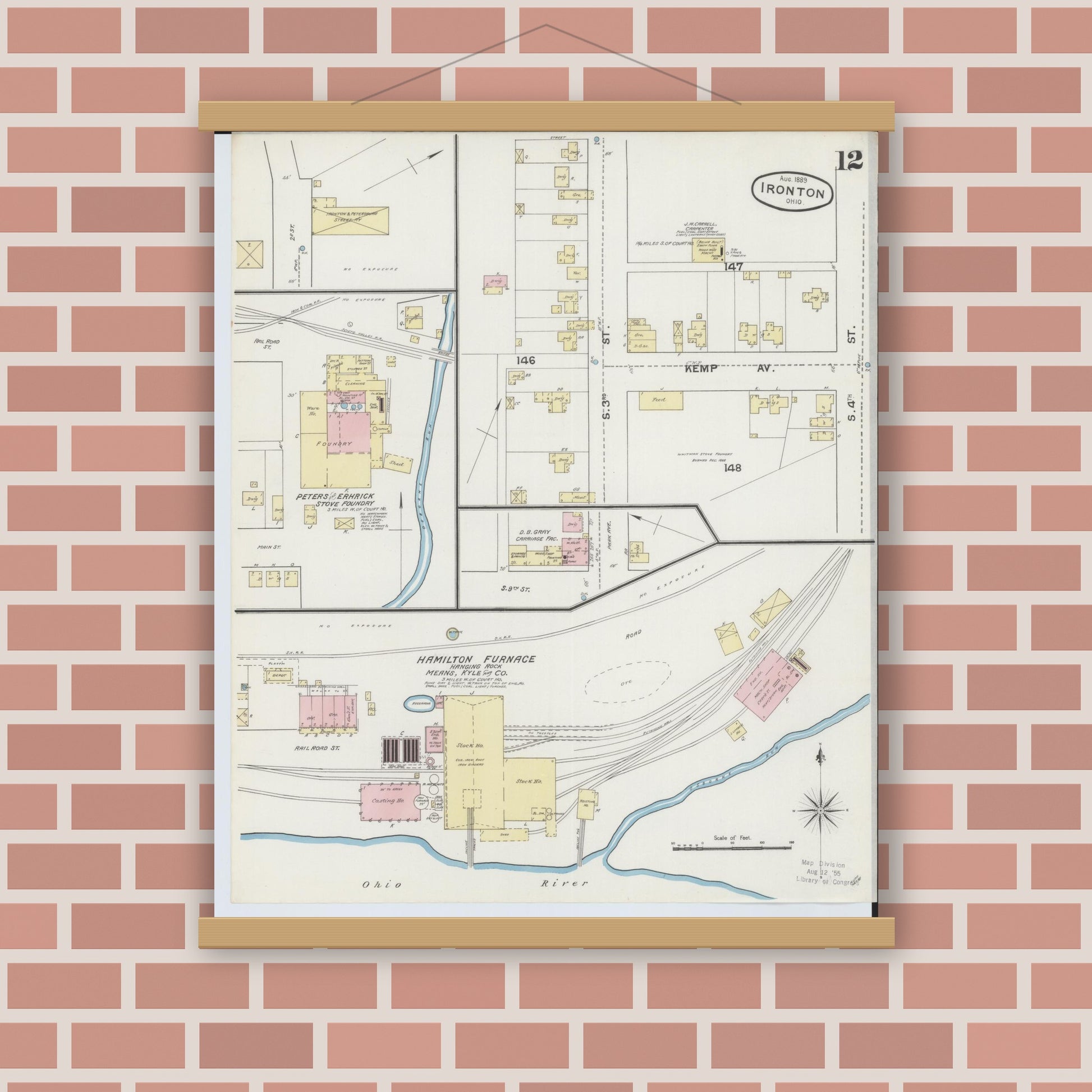 Old map wall art mockup — magnetic wood frame on brick wall — Sanborn Fire Insurance Map from Ironton, Lawrence County, Ohio (1889), Sheet #0012
