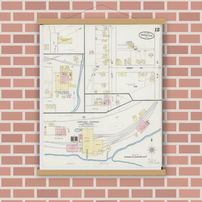 Old map wall art mockup — magnetic wood frame on brick wall — Sanborn Fire Insurance Map from Ironton, Lawrence County, Ohio (1889), Sheet #0012