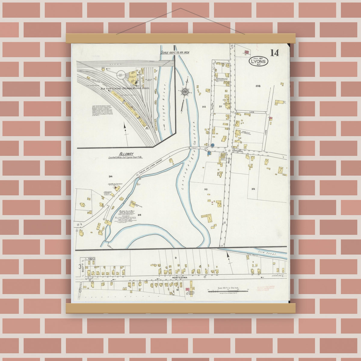 Old map wall art mockup — magnetic wood frame on brick wall — Sanborn Fire Insurance Map from Lyons, Wayne County, New York (1917), Sheet #0014