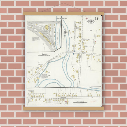 Old map wall art mockup — magnetic wood frame on brick wall — Sanborn Fire Insurance Map from Lyons, Wayne County, New York (1917), Sheet #0014