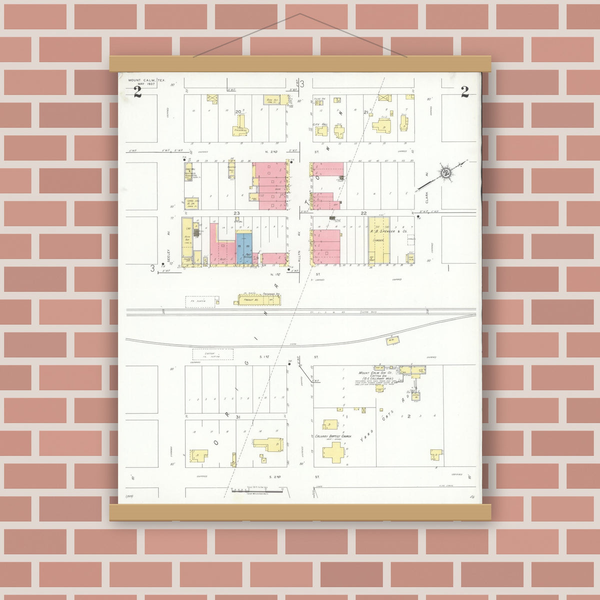 Old map wall art mockup — magnetic wood frame on brick wall — Sanborn Fire Insurance Map from Mount Calm, Hill County, Texas (1937), Sheet #0002