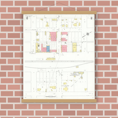 Old map wall art mockup — magnetic wood frame on brick wall — Sanborn Fire Insurance Map from Mount Calm, Hill County, Texas (1937), Sheet #0002
