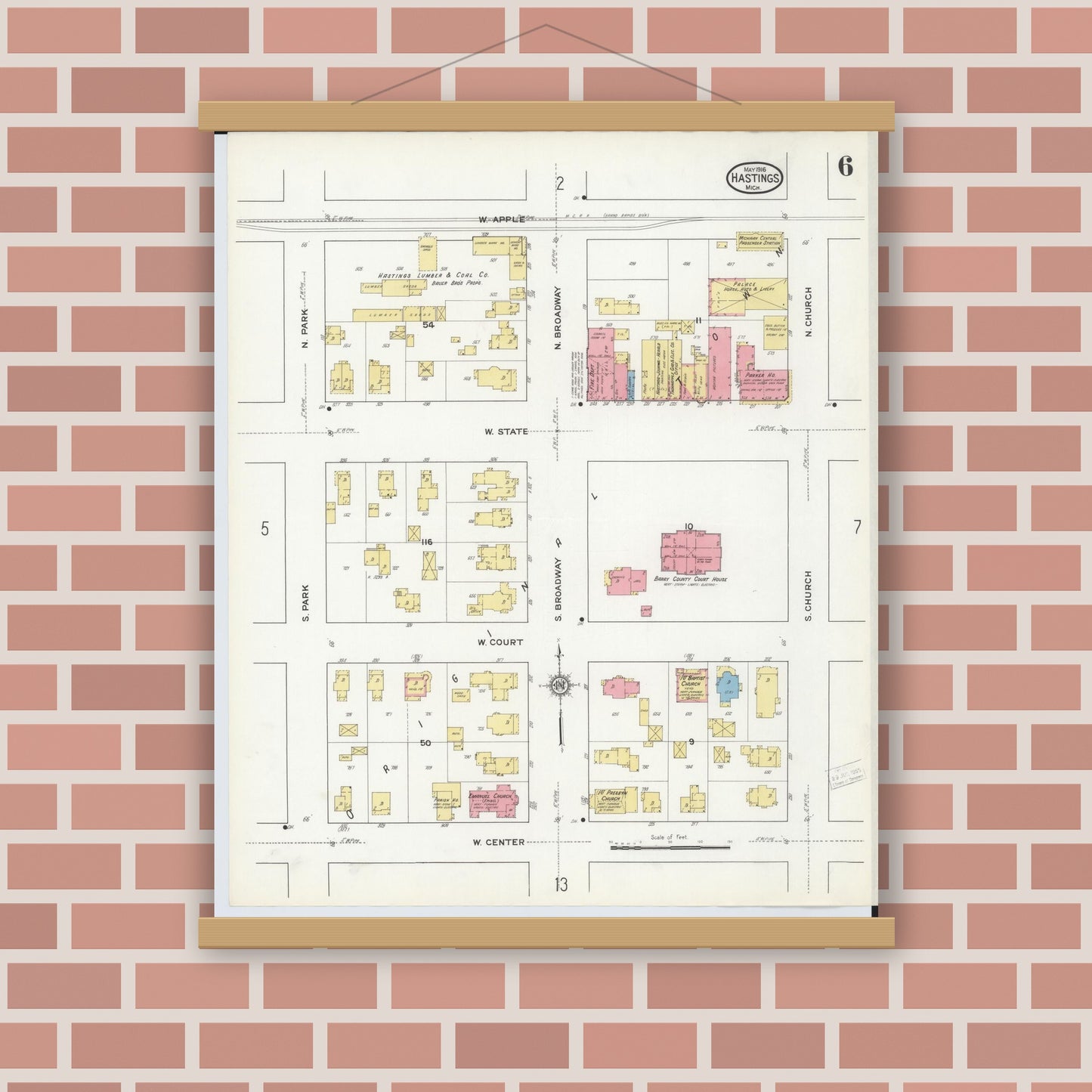 Old map wall art mockup — magnetic wood frame on brick wall — Sanborn Fire Insurance Map from Hastings, Barry County, Michigan (1916), Sheet #0006