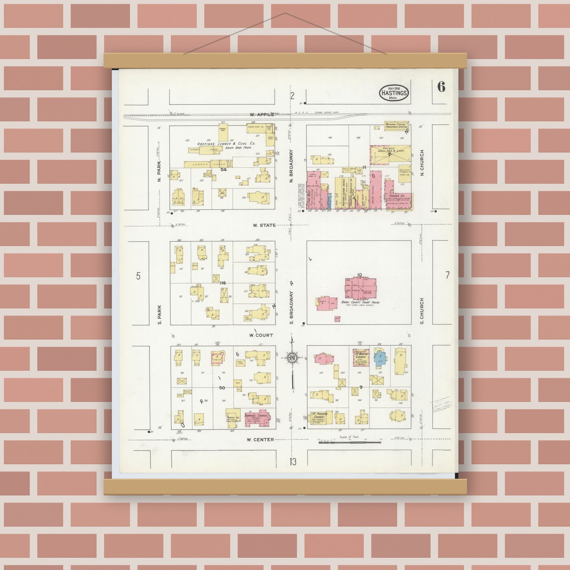 Old map wall art mockup — magnetic wood frame on brick wall — Sanborn Fire Insurance Map from Hastings, Barry County, Michigan (1916), Sheet #0006