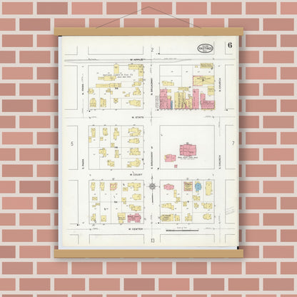 Old map wall art mockup — magnetic wood frame on brick wall — Sanborn Fire Insurance Map from Hastings, Barry County, Michigan (1916), Sheet #0006