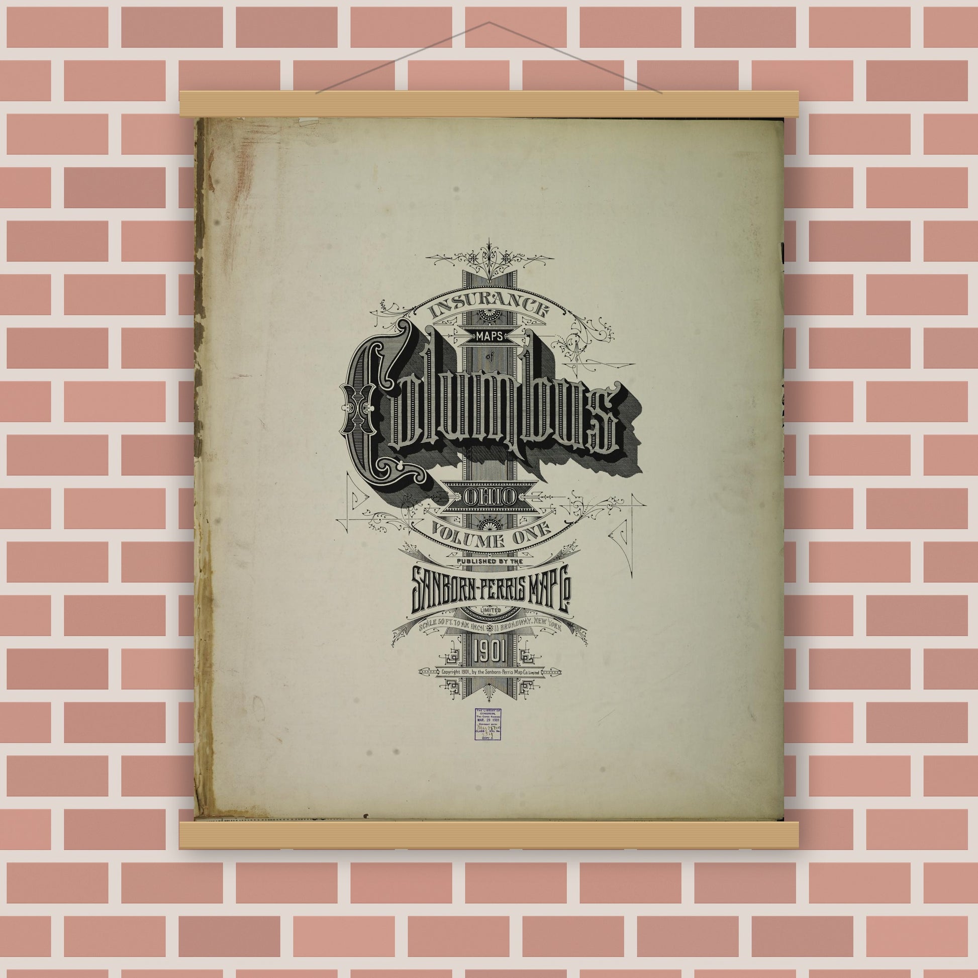 Old map wall art mockup — magnetic wood frame on brick wall — Sanborn Fire Insurance Map from Columbus, Franklin County, Ohio (1901), Sheet #0001
