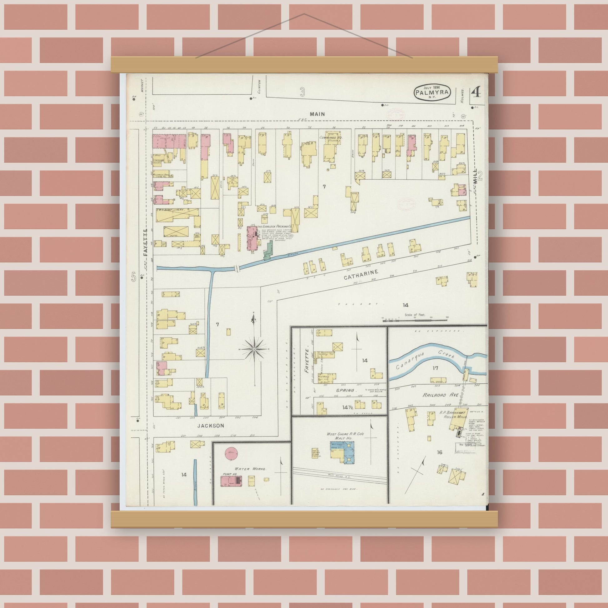 Old map wall art mockup — magnetic wood frame on brick wall — Sanborn Fire Insurance Map from Palmyra, Wayne County, New York (1894), Sheet #0004