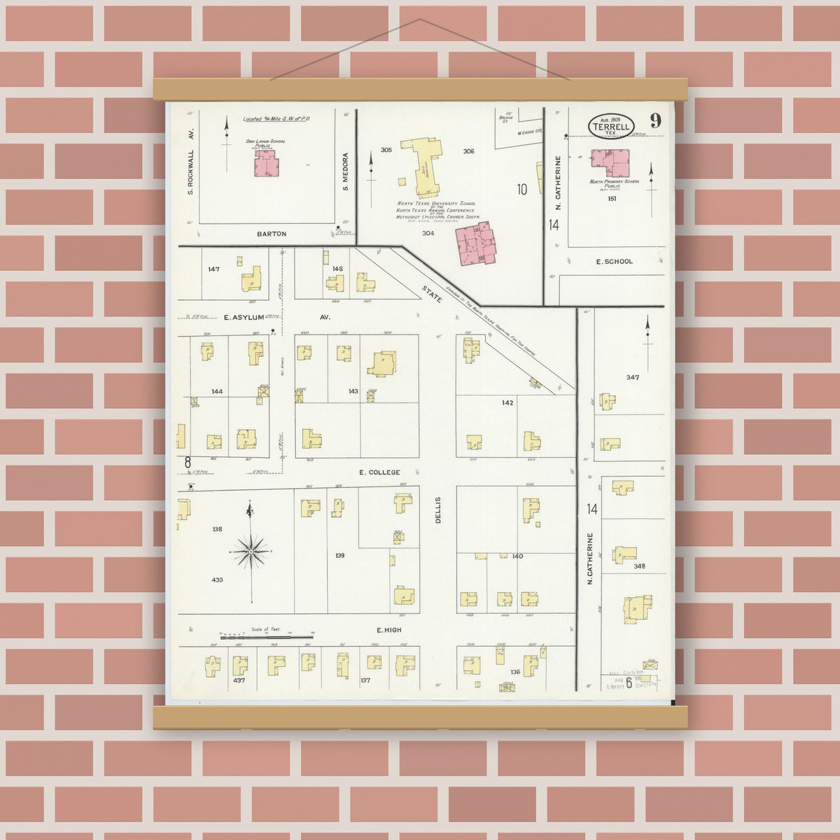 Old map wall art mockup — magnetic wood frame on brick wall — Sanborn Fire Insurance Map from Terrell, Kaufman County, Texas (1909), Sheet #0009