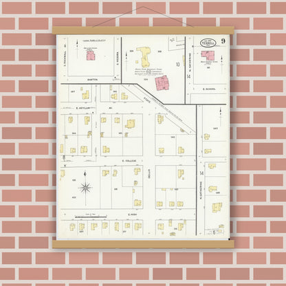 Old map wall art mockup — magnetic wood frame on brick wall — Sanborn Fire Insurance Map from Terrell, Kaufman County, Texas (1909), Sheet #0009