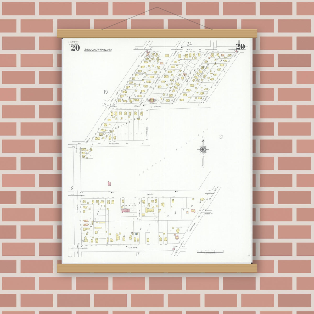 Old map wall art mockup — magnetic wood frame on brick wall — Sanborn Fire Insurance Map from Beloit, Rock County, Wisconsin (1939), Sheet #0020