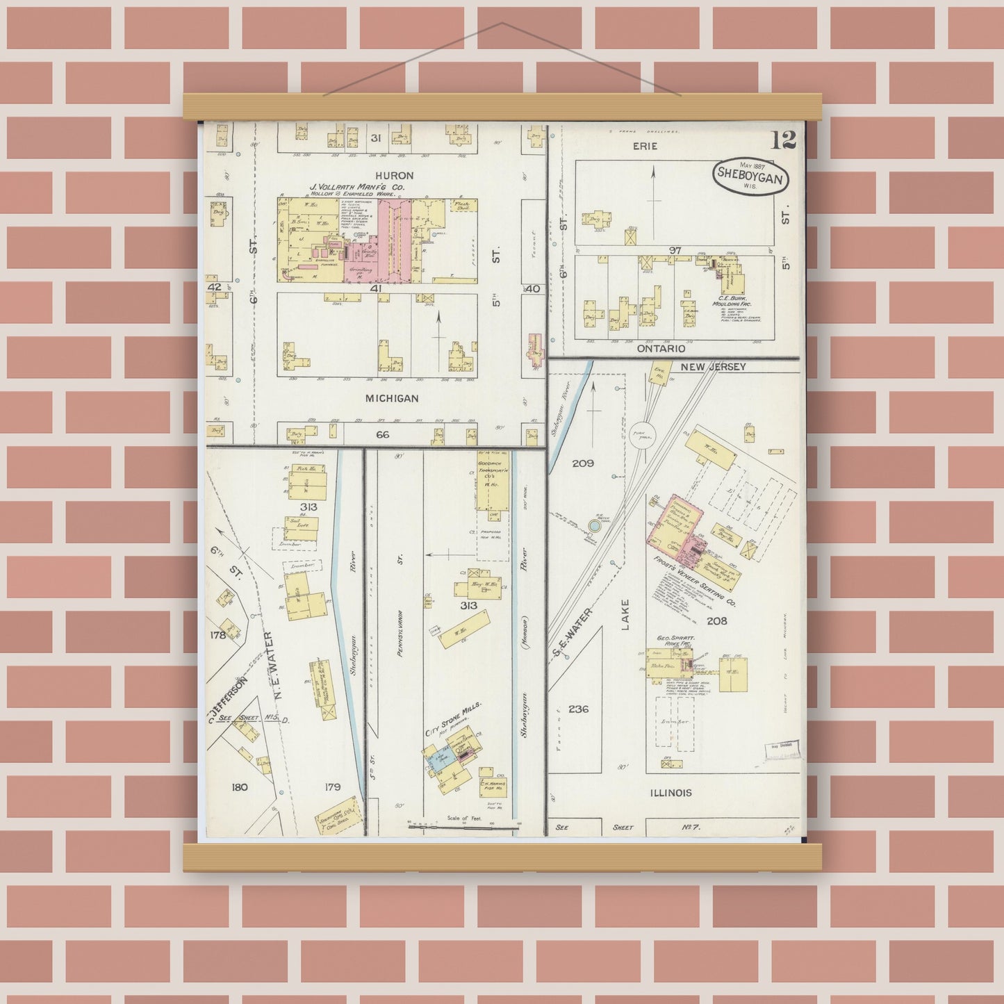 Old map wall art mockup — magnetic wood frame on brick wall — Sanborn Fire Insurance Map from Sheboygan, Sheboygan County, Wisconsin (1887), Sheet #0012