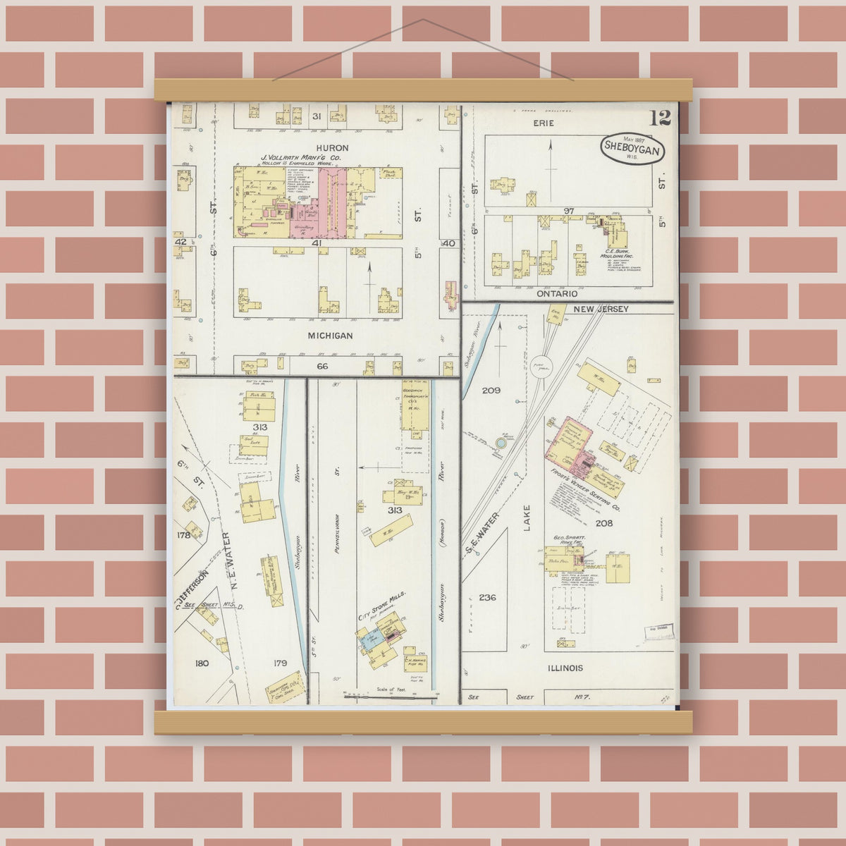 Old map wall art mockup — magnetic wood frame on brick wall — Sanborn Fire Insurance Map from Sheboygan, Sheboygan County, Wisconsin (1887), Sheet #0012