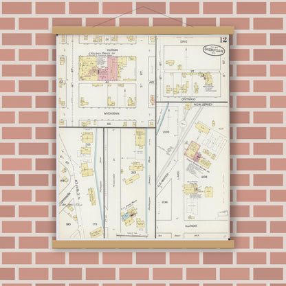 Old map wall art mockup — magnetic wood frame on brick wall — Sanborn Fire Insurance Map from Sheboygan, Sheboygan County, Wisconsin (1887), Sheet #0012