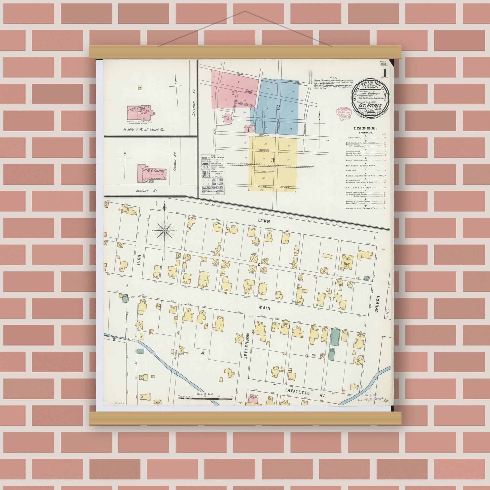 Old map wall art mockup — magnetic wood frame on brick wall — Sanborn Fire Insurance Map from Saint Paris, Champaign County, Ohio (1895), Sheet #0001