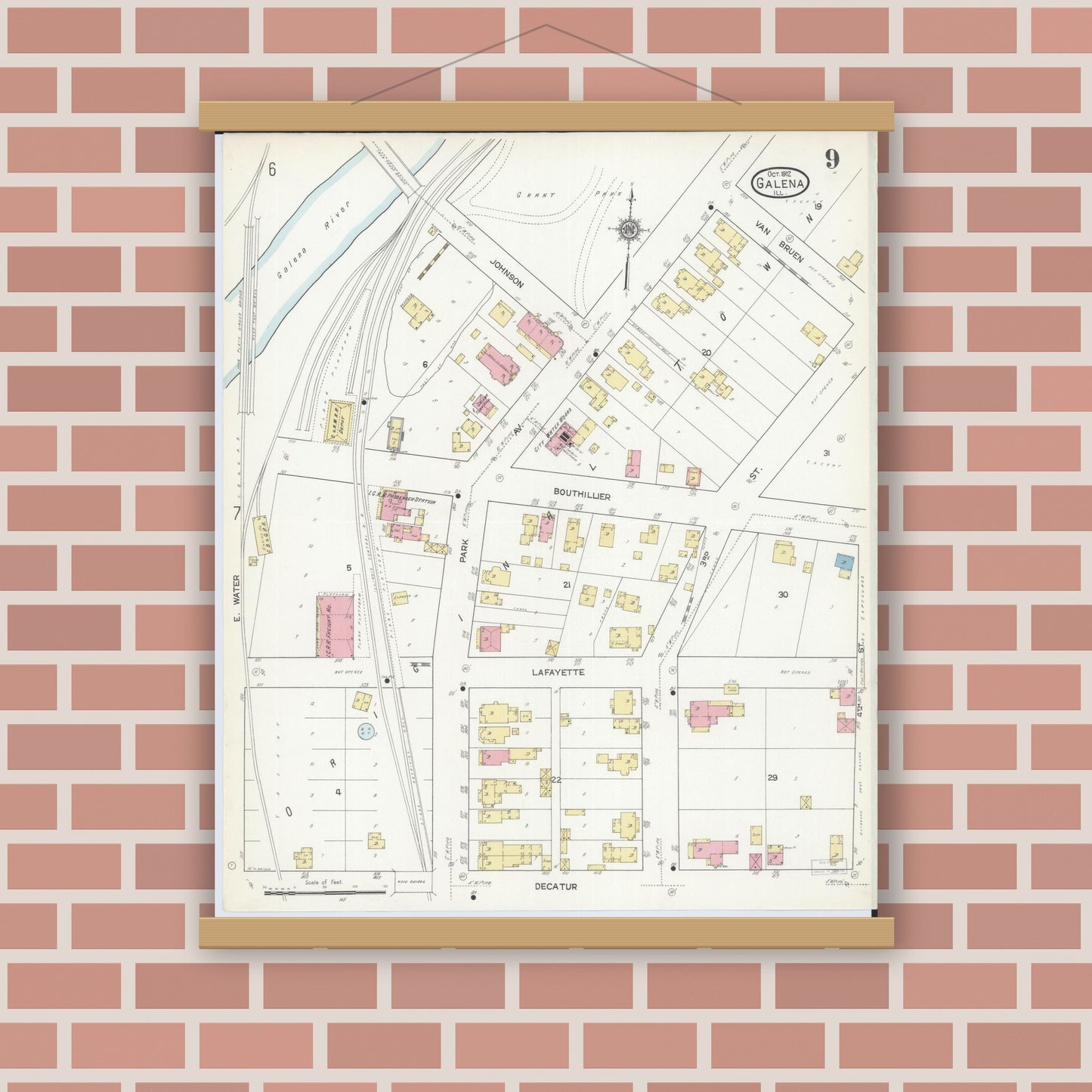 Old map wall art mockup — magnetic wood frame on brick wall — Sanborn Fire Insurance Map from Galena, Jo Daviess County, Illinois (1912), Sheet #0009