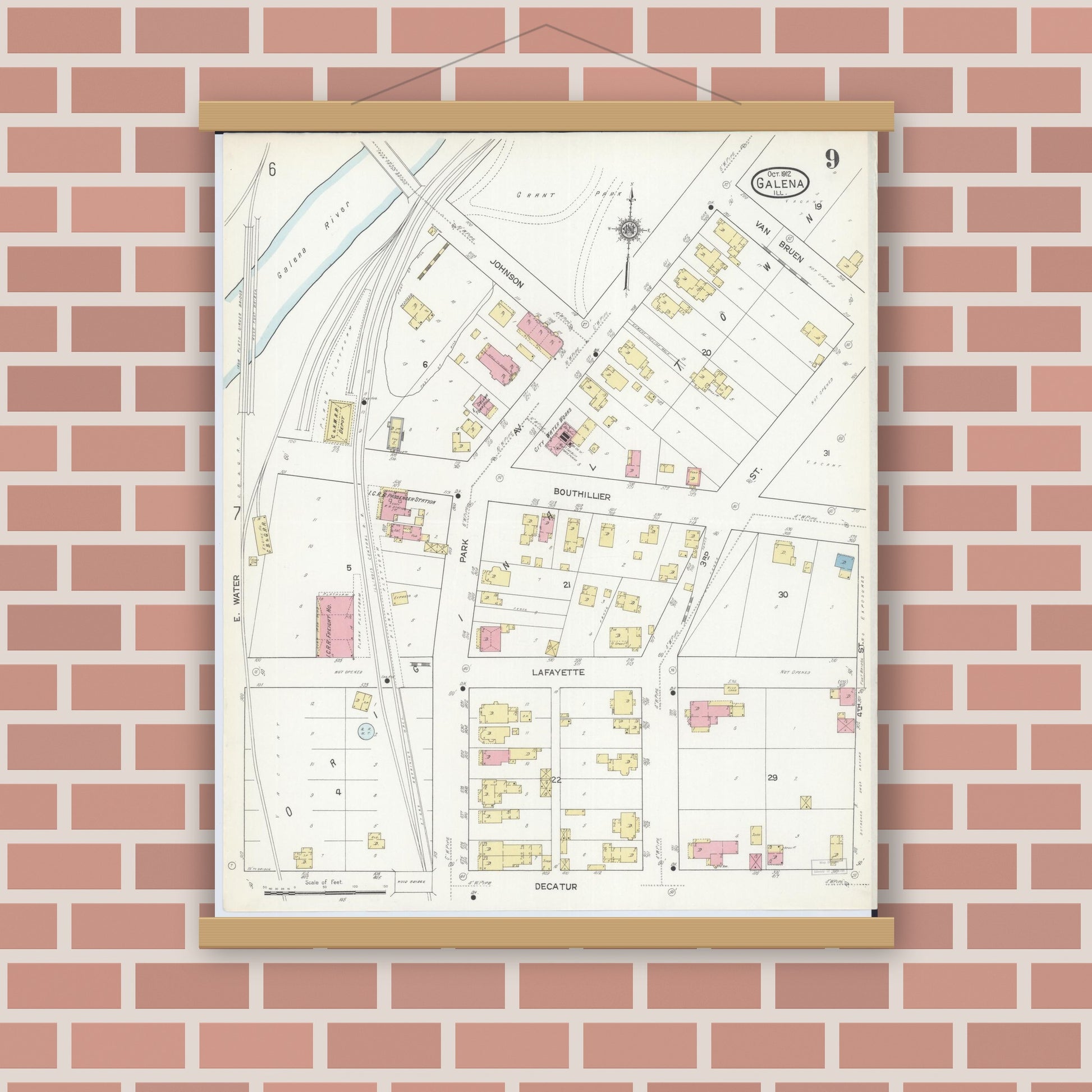 Old map wall art mockup — magnetic wood frame on brick wall — Sanborn Fire Insurance Map from Galena, Jo Daviess County, Illinois (1912), Sheet #0009