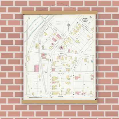 Old map wall art mockup — magnetic wood frame on brick wall — Sanborn Fire Insurance Map from Galena, Jo Daviess County, Illinois (1912), Sheet #0009
