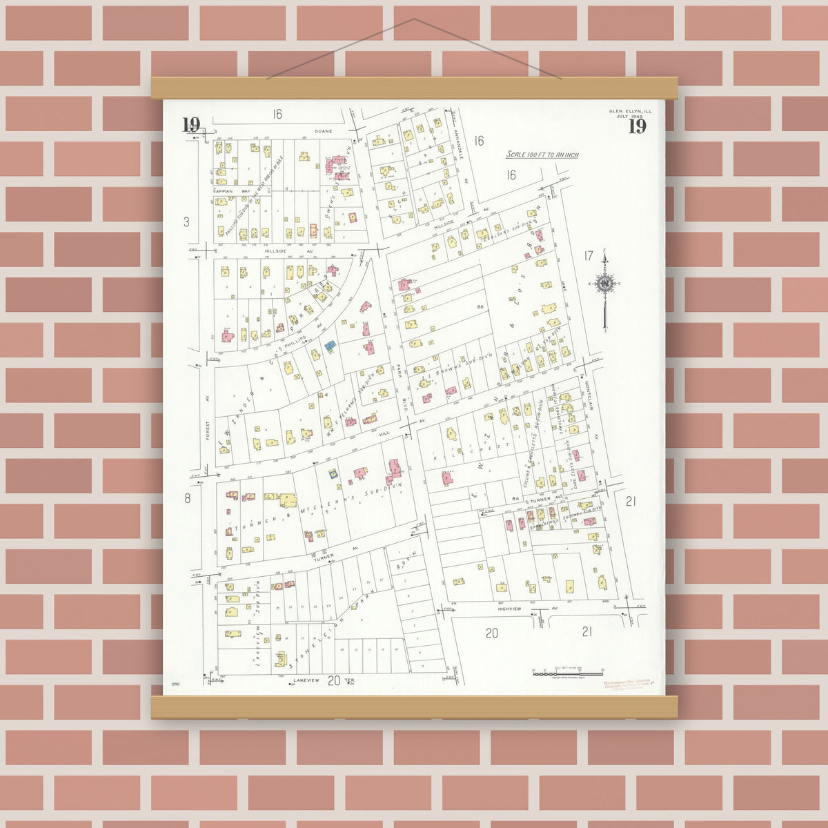 Old map wall art mockup — magnetic wood frame on brick wall — Sanborn Fire Insurance Map from Glen Ellyn, Du Page County, Illinois (1940), Sheet #0019
