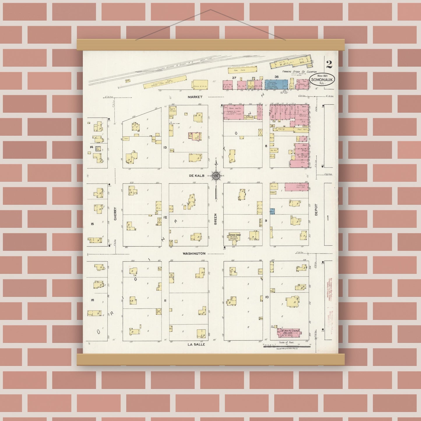 Old map wall art mockup — magnetic wood frame on brick wall — Sanborn Fire Insurance Map from Somonauk, De Kalb County, Illinois (1921), Sheet #0002