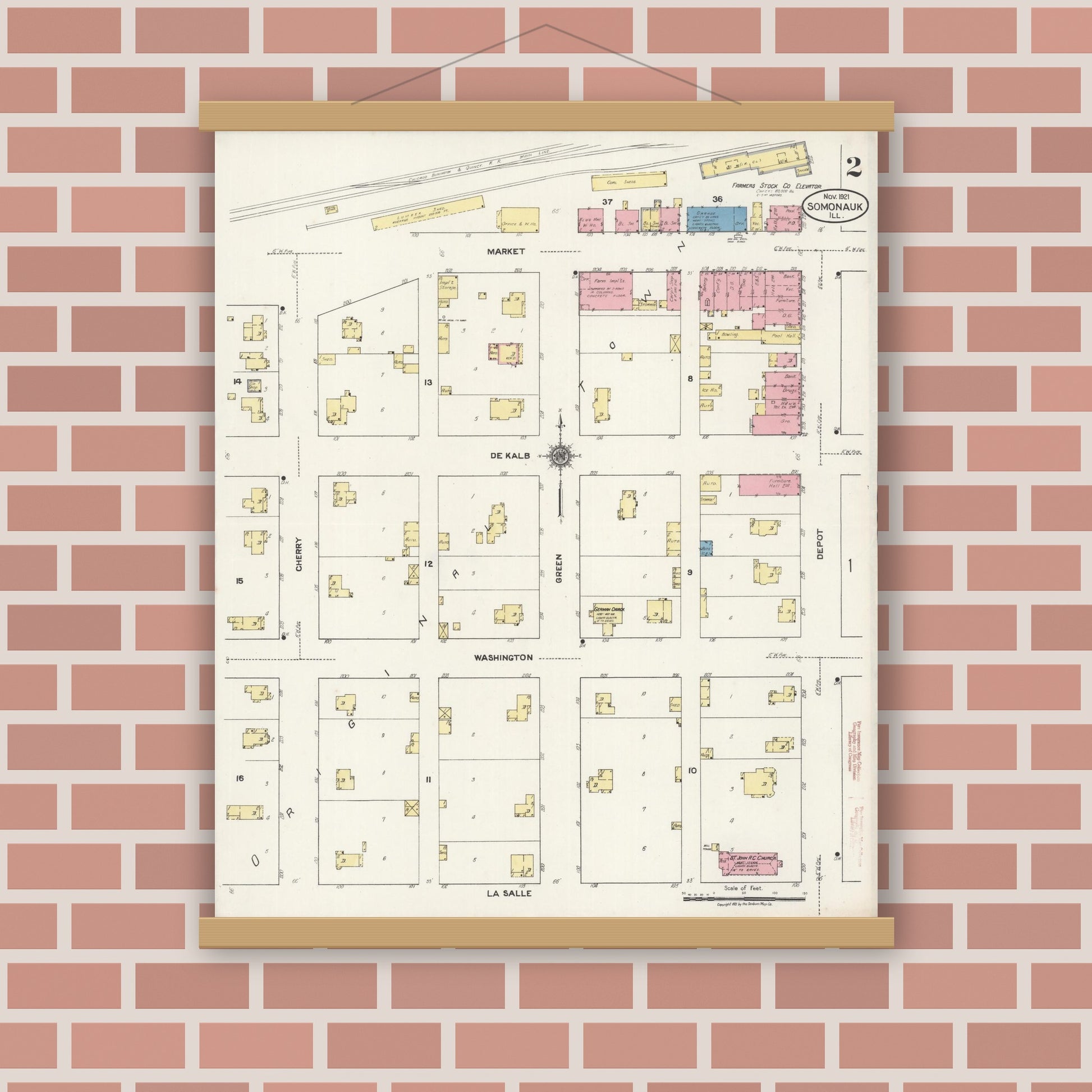 Old map wall art mockup — magnetic wood frame on brick wall — Sanborn Fire Insurance Map from Somonauk, De Kalb County, Illinois (1921), Sheet #0002