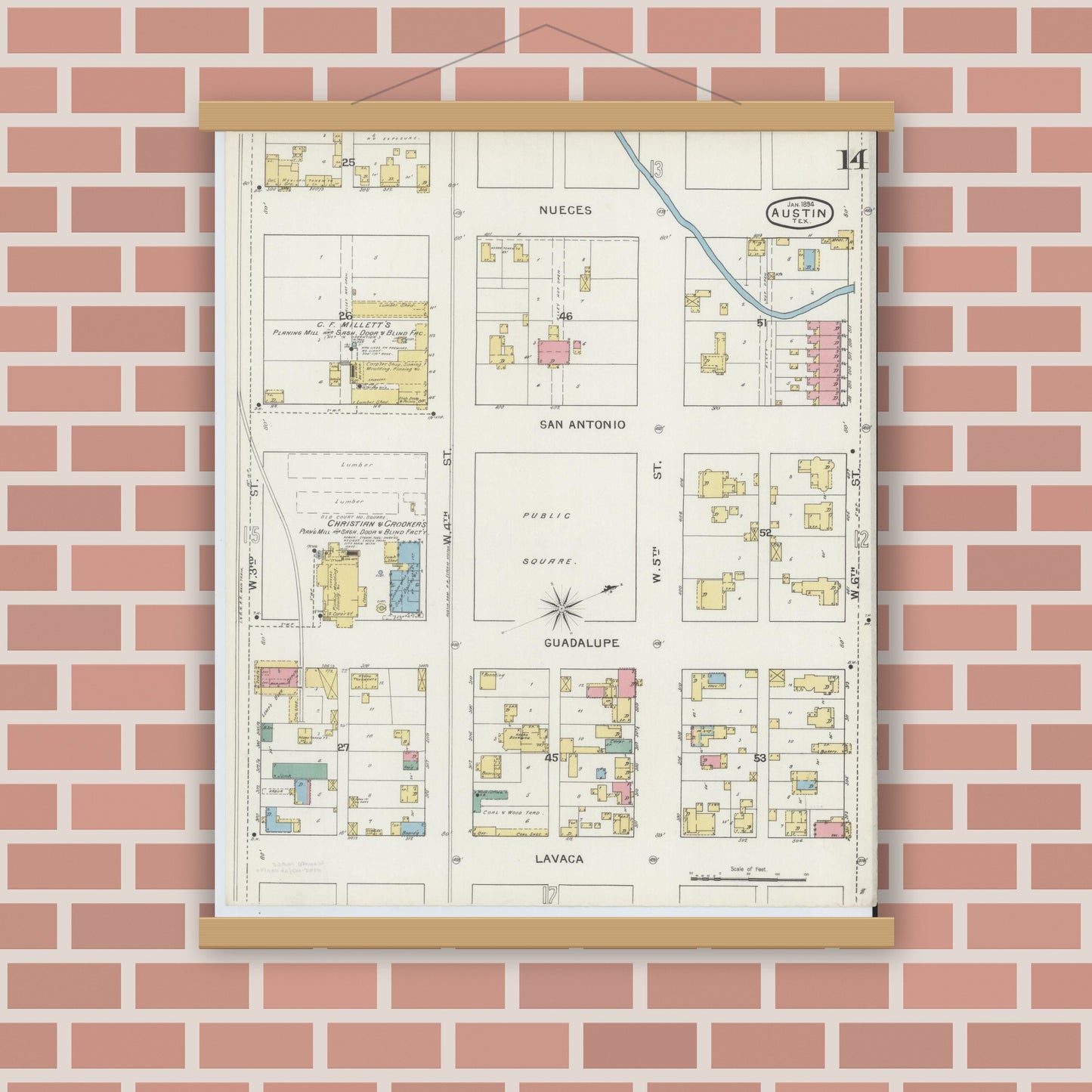 Old map wall art mockup — magnetic wood frame on brick wall — Sanborn Fire Insurance Map from Austin, Travis County, Texas (1894), Sheet #0014
