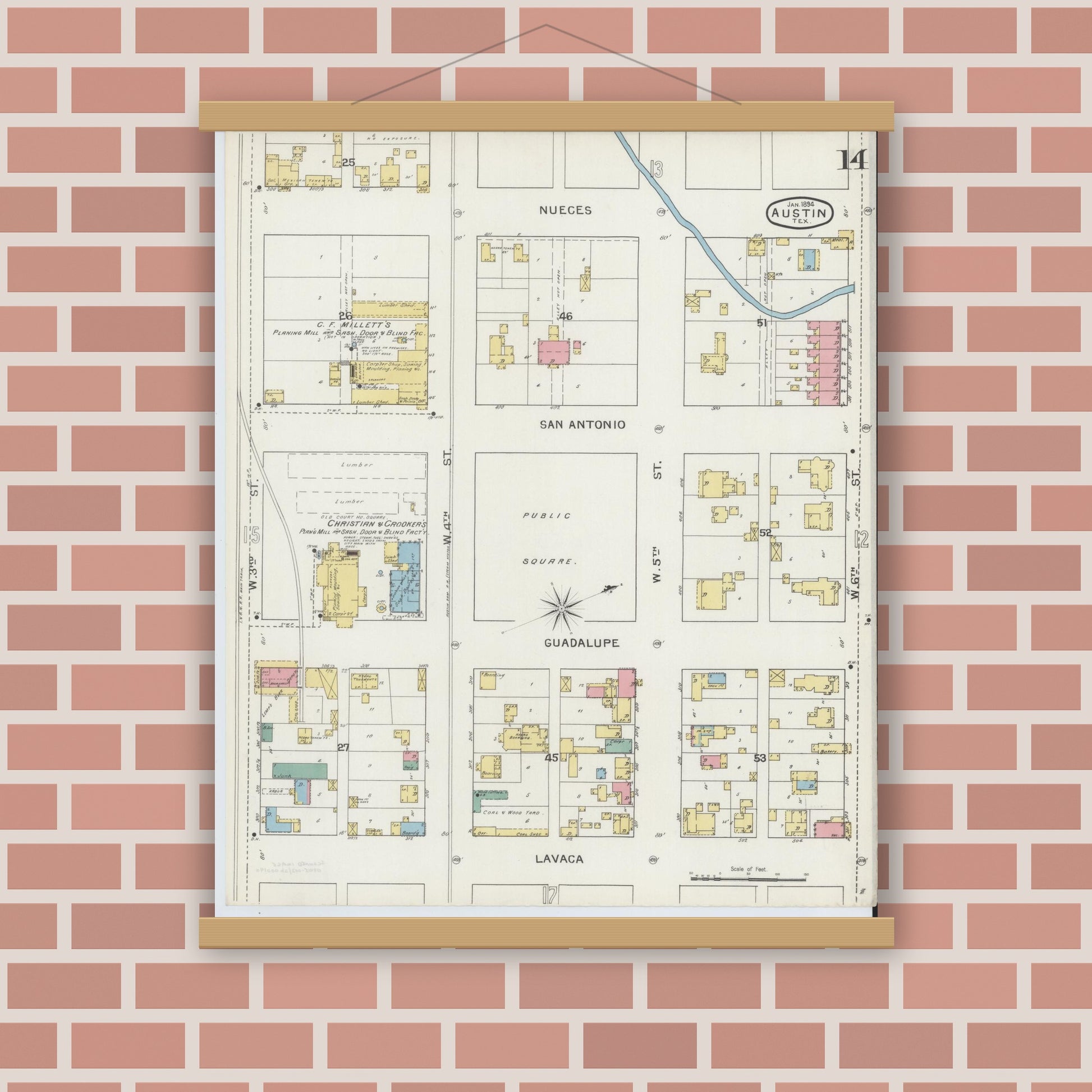 Old map wall art mockup — magnetic wood frame on brick wall — Sanborn Fire Insurance Map from Austin, Travis County, Texas (1894), Sheet #0014