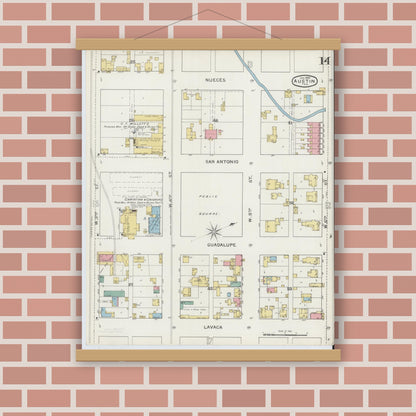 Old map wall art mockup — magnetic wood frame on brick wall — Sanborn Fire Insurance Map from Austin, Travis County, Texas (1894), Sheet #0014