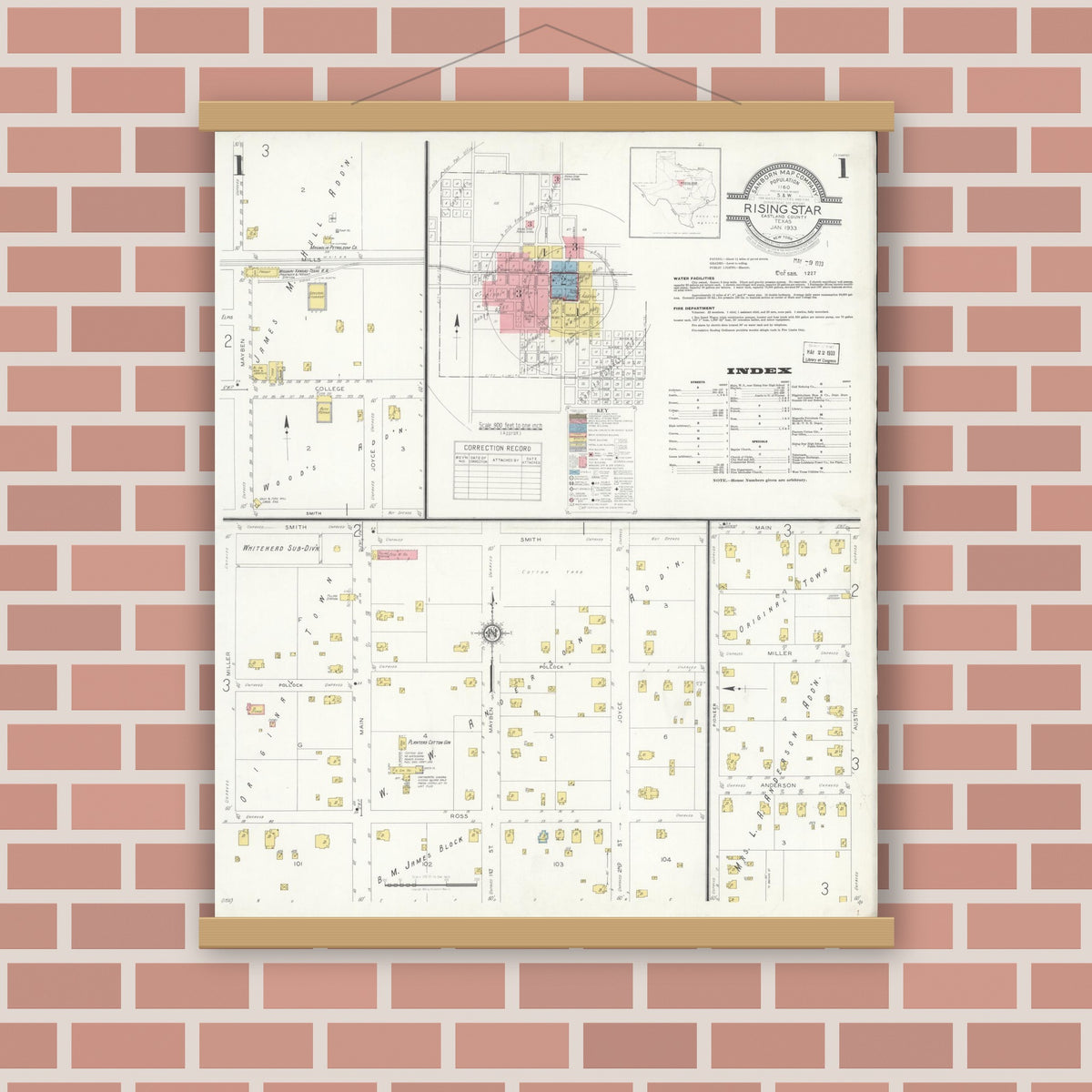 Old map wall art mockup — magnetic wood frame on brick wall — Sanborn Fire Insurance Map from Rising Star, Eastland County, Texas (1933), Sheet #0001