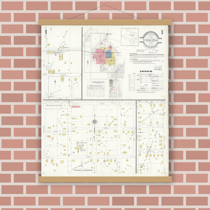 Old map wall art mockup — magnetic wood frame on brick wall — Sanborn Fire Insurance Map from Rising Star, Eastland County, Texas (1933), Sheet #0001
