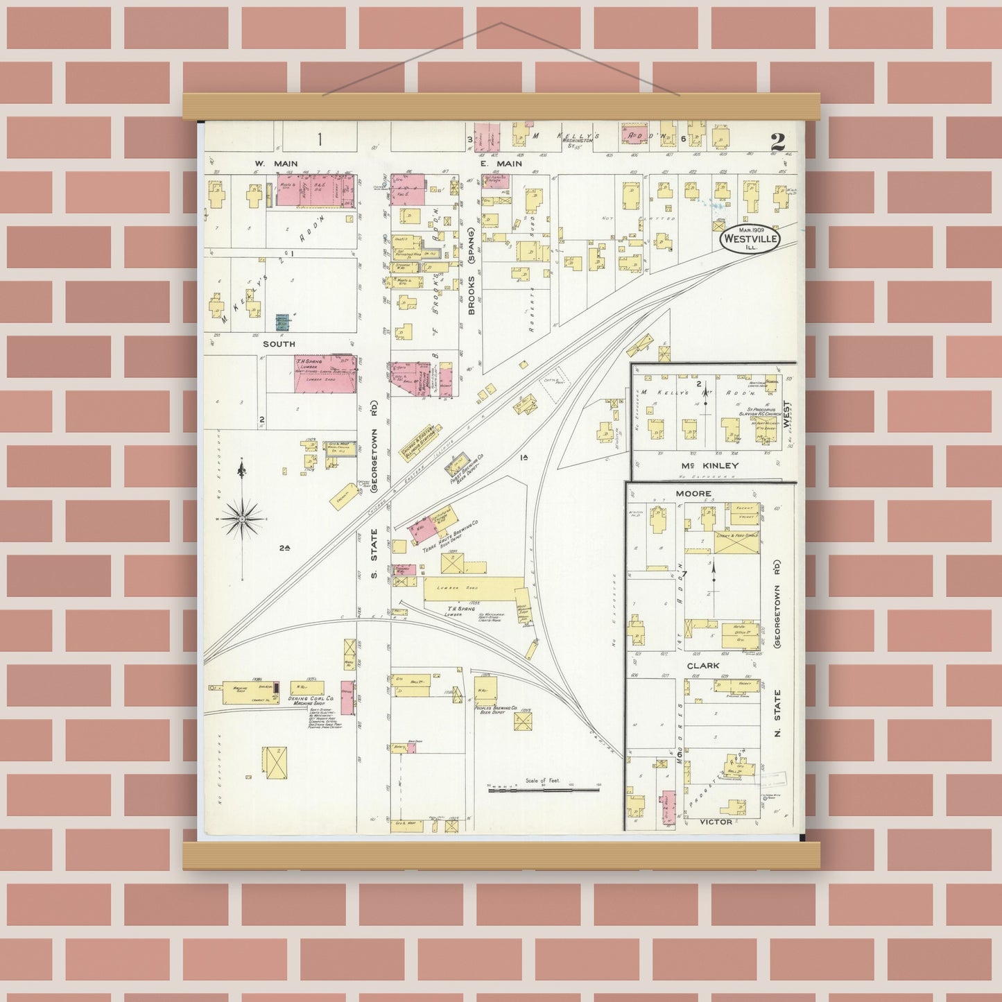 Old map wall art mockup — magnetic wood frame on brick wall — Sanborn Fire Insurance Map from Westville, Vermilion County, Illinois (1909), Sheet #0002