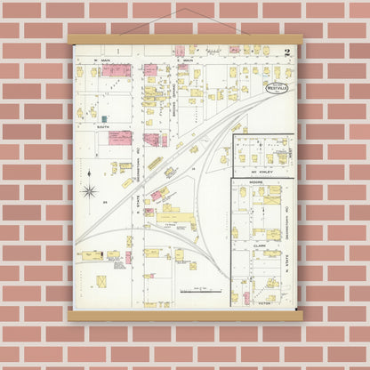 Old map wall art mockup — magnetic wood frame on brick wall — Sanborn Fire Insurance Map from Westville, Vermilion County, Illinois (1909), Sheet #0002