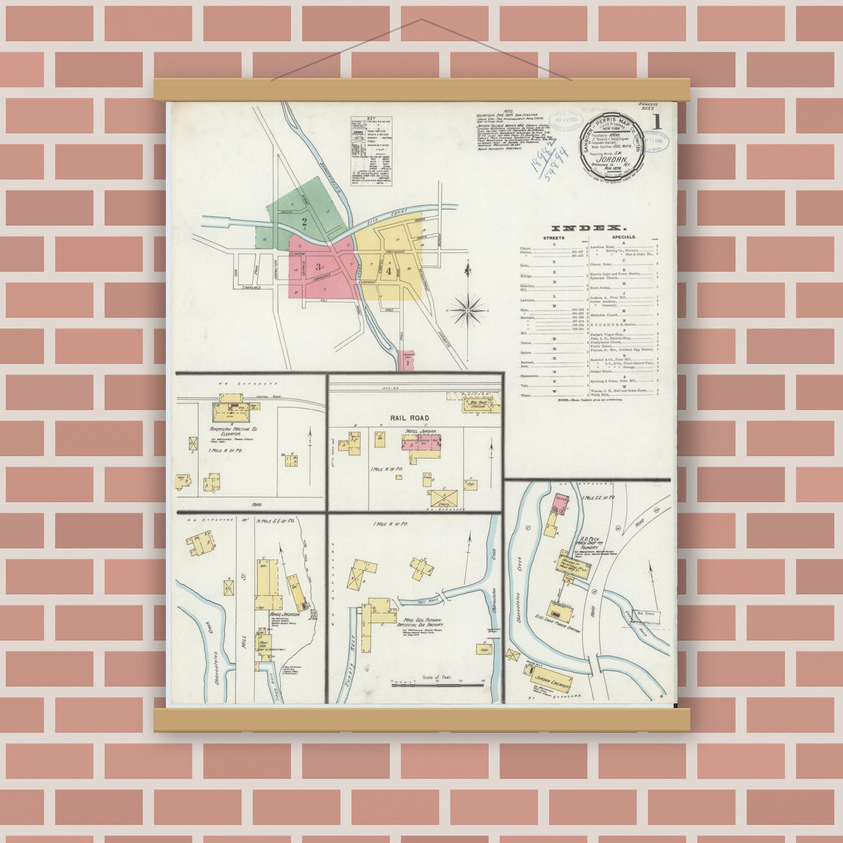 Old map wall art mockup — magnetic wood frame on brick wall — Sanborn Fire Insurance Map from Jordan, Onondaga County, New York (1898) - Complete Map Set