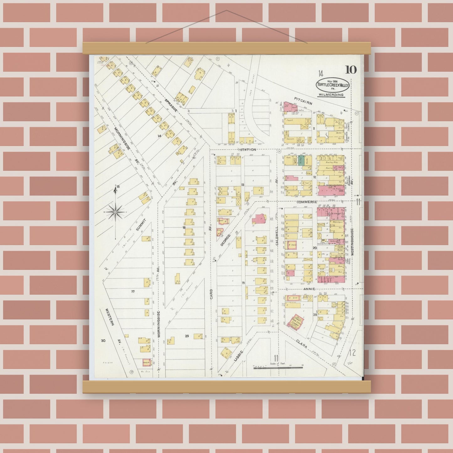 Old map wall art mockup — magnetic wood frame on brick wall — Sanborn Fire Insurance Map from Turtle Creek Valley, Allegheny County, Pennsylvania (1906), Sheet #0010