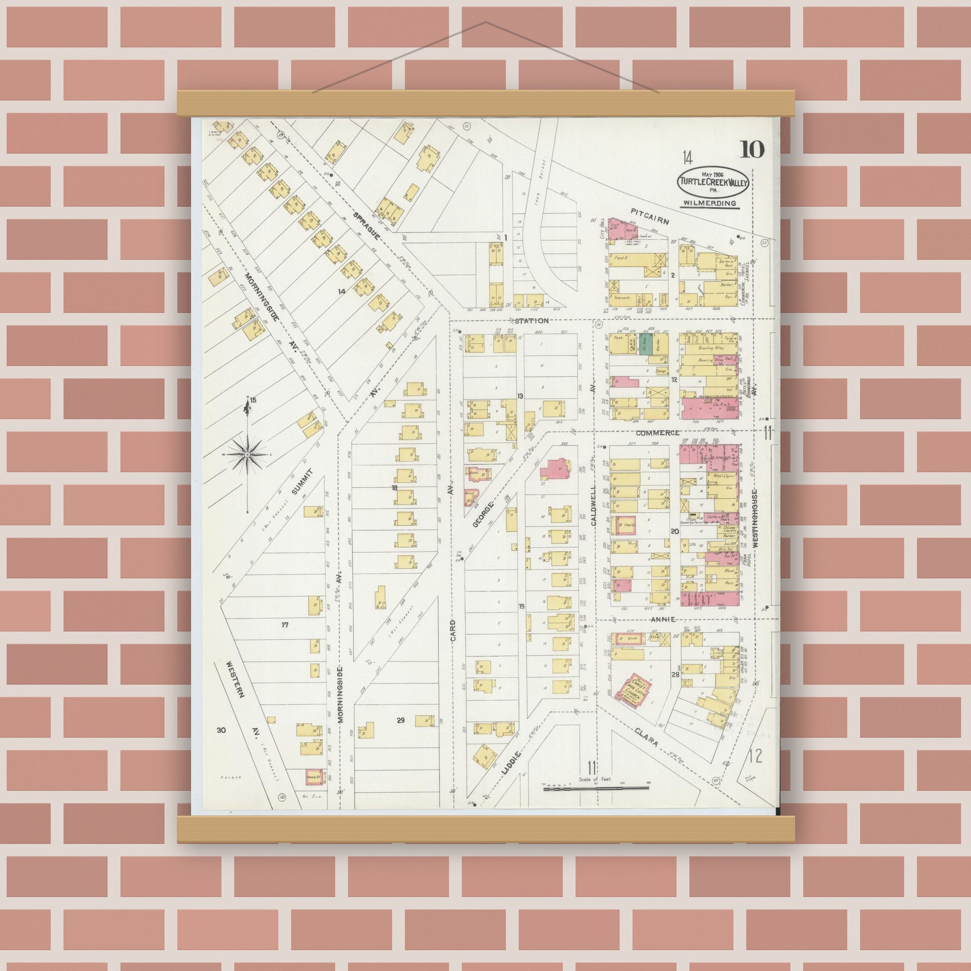 Old map wall art mockup — magnetic wood frame on brick wall — Sanborn Fire Insurance Map from Turtle Creek Valley, Allegheny County, Pennsylvania (1906), Sheet #0010
