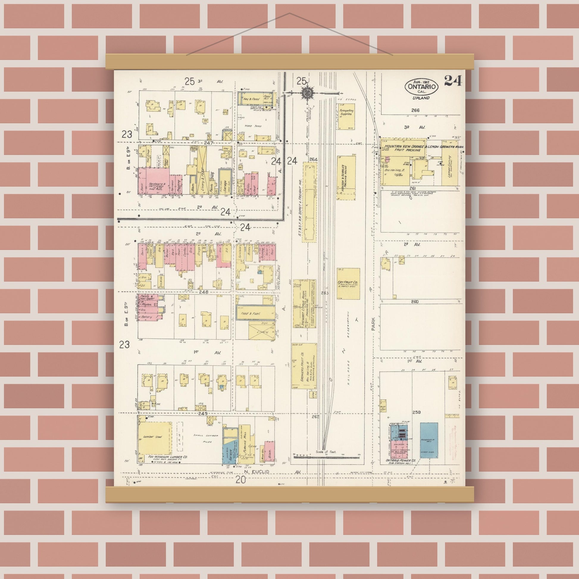Old map wall art mockup — magnetic wood frame on brick wall — Sanborn Fire Insurance Map from Ontario, San Bernardino County, California (1912), Sheet #0024