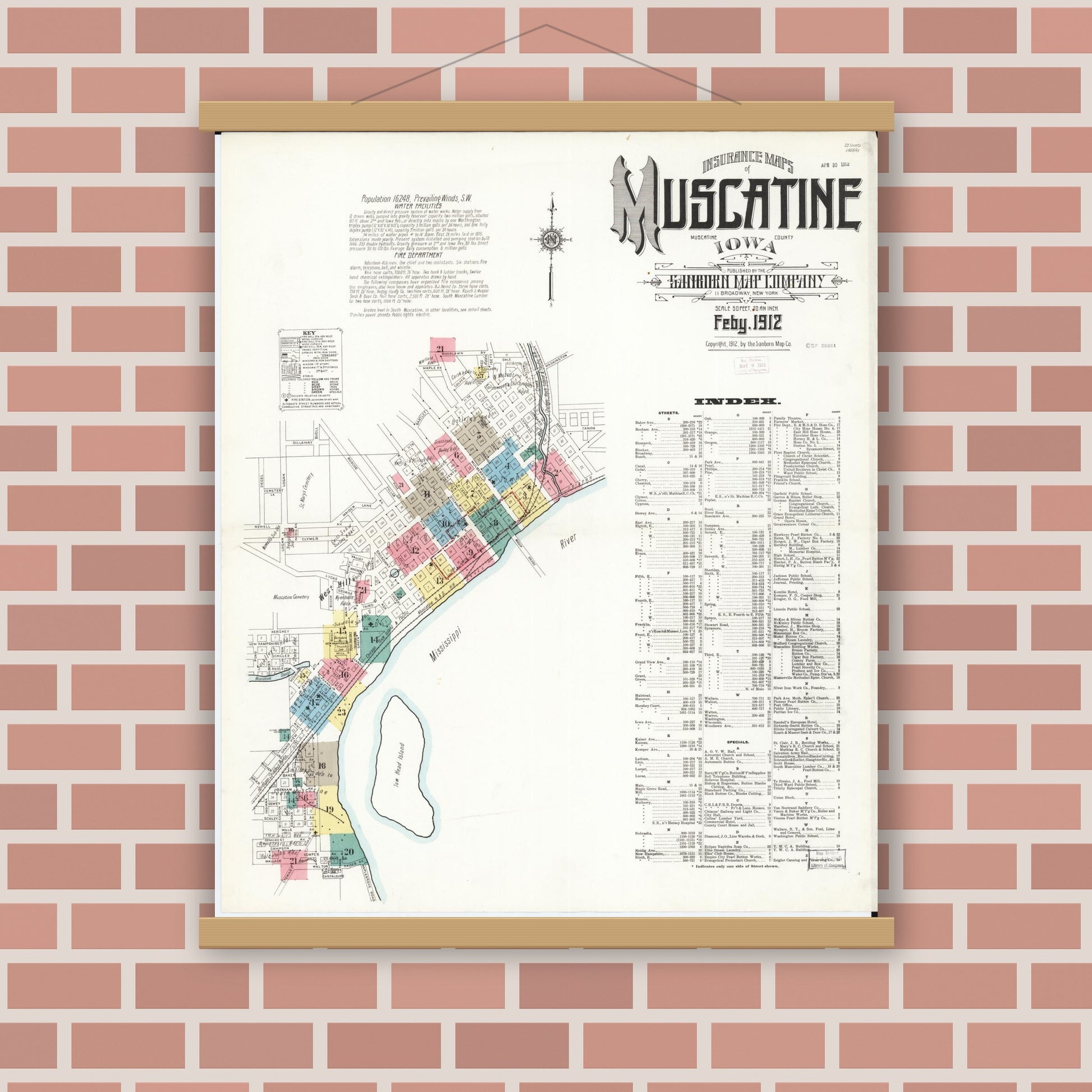 Old map wall art mockup — magnetic wood frame on brick wall — Sanborn Fire Insurance Map from Muscatine, Muscatine County, Iowa (1912) â€” Complete Set