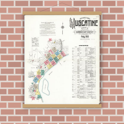 Old map wall art mockup — magnetic wood frame on brick wall — Sanborn Fire Insurance Map from Muscatine, Muscatine County, Iowa (1912) â€” Complete Set