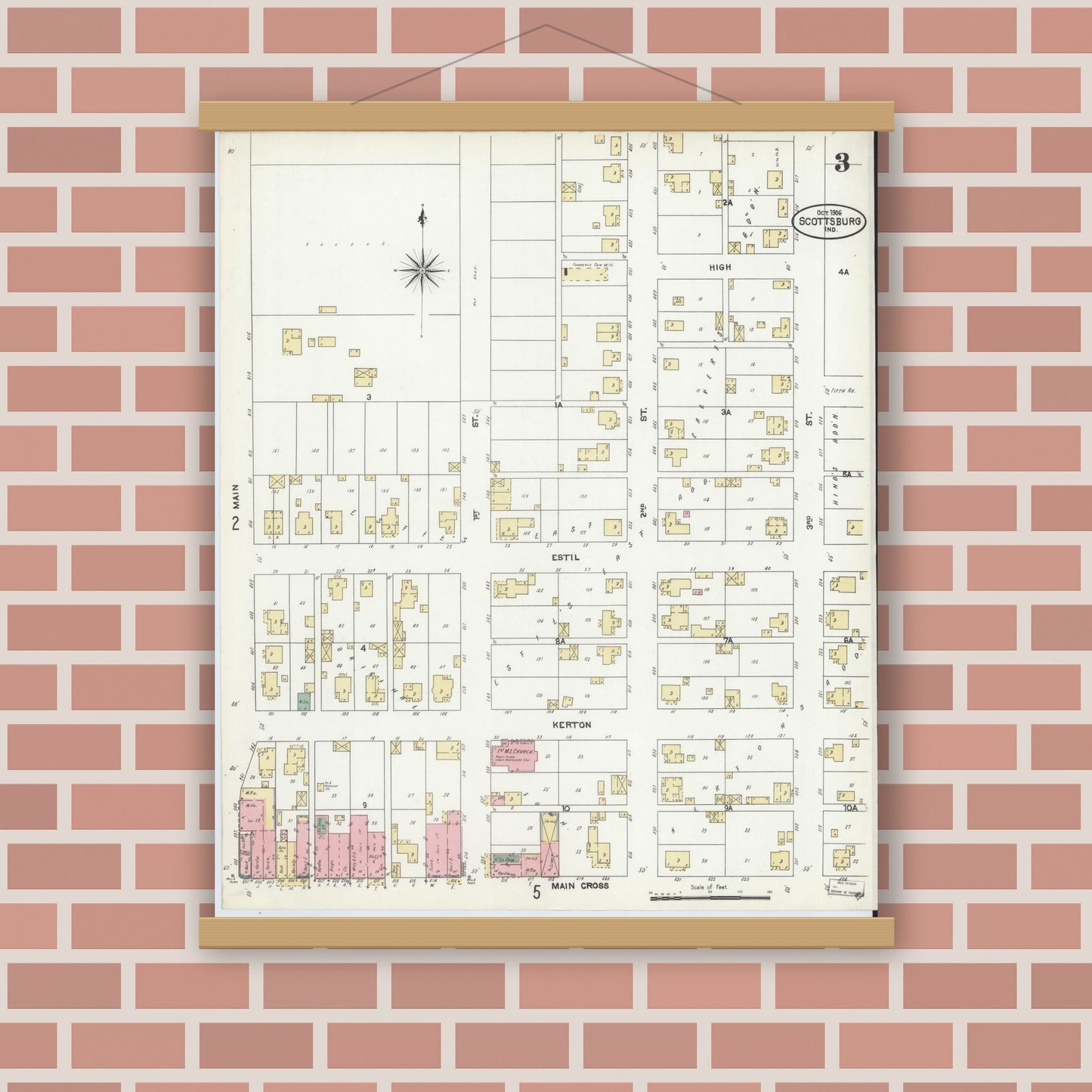 Old map wall art mockup — magnetic wood frame on brick wall — Sanborn Fire Insurance Map from Scottsburg, Scott County, Indiana (1906), Sheet #0003