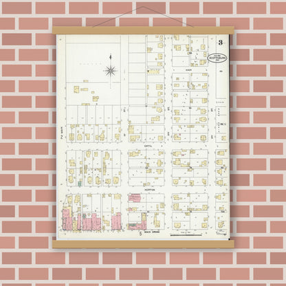 Old map wall art mockup — magnetic wood frame on brick wall — Sanborn Fire Insurance Map from Scottsburg, Scott County, Indiana (1906), Sheet #0003